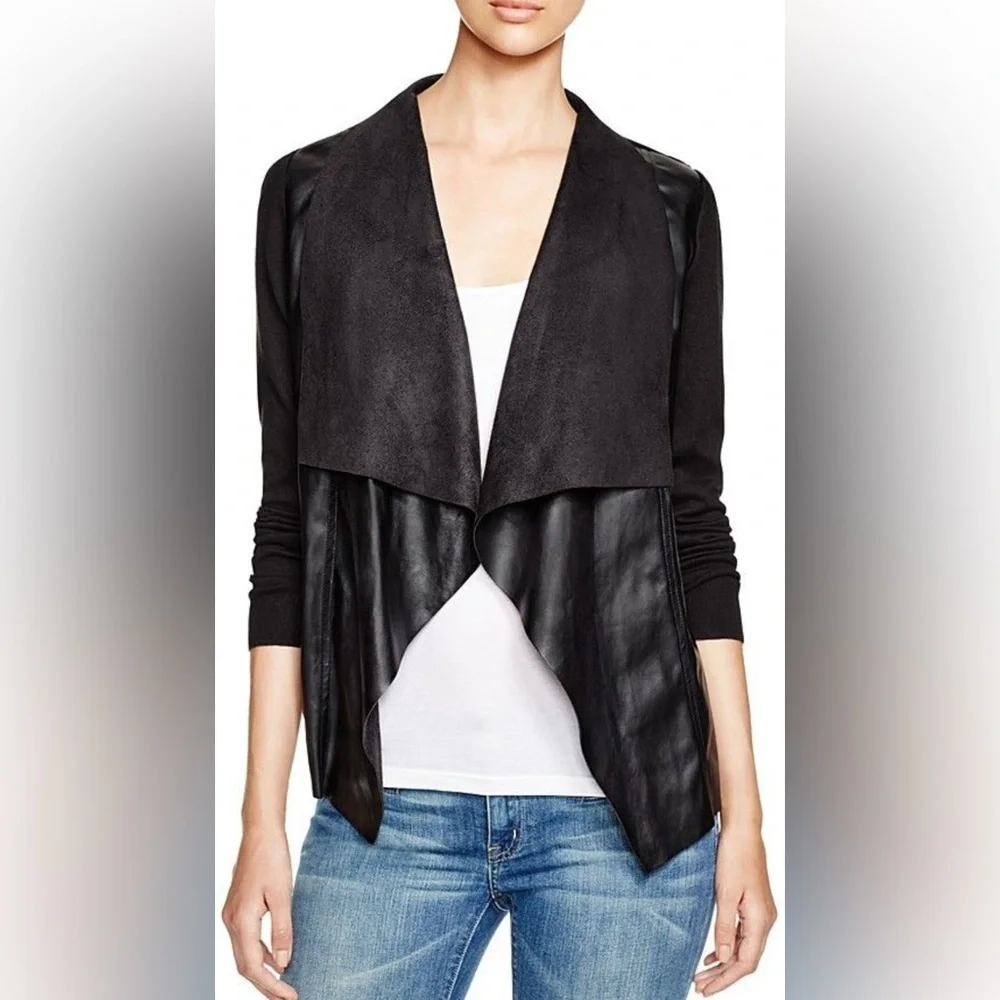 Michael Kors Black Faux Leather & Suede open Blazer/cardigan Size Medium